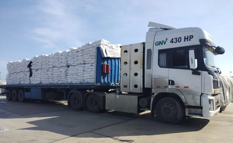 Camión Shacman encarpado transportando sacos de insumos